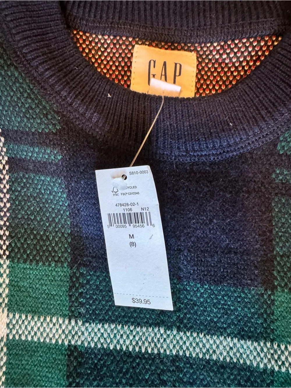 GAP Boys  Navy, Green & Red Plaid Crewneck Sweater